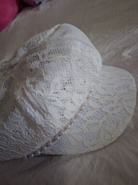 Elegant White Lace Gatsby Hat with Pearl Trim